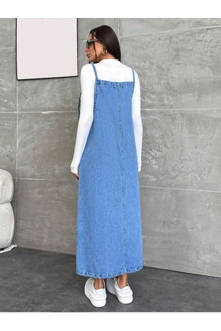 Shevega Kadın Uzun Mavi Bahçivan Askili Elbise Lacivert