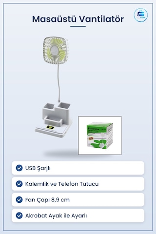 Masaüstü Vantilatör Usb Şarjlı Kalemlik Ve Telefon Tutuculu Mini