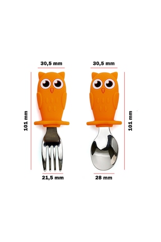 Turuncu Baykuş Figürlü Premium Çocuk Bpa Free Silikon Sap Paslanmaz Çelik Uçlu Çatal-kaşık Set 9+ Ay