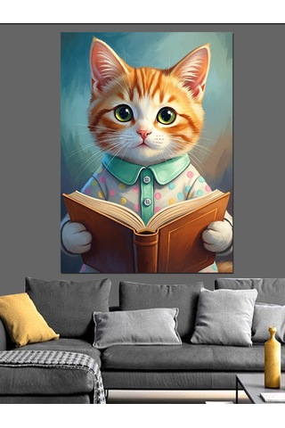 Ahşap Tablo Kitap Okuyan Sevimli Kedi