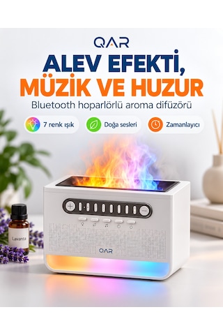 Alev Efektli Aroma Difüzör Beyaz Gürültü Sesli Hoparlörlü 7 Renk Led Işıklı Dekoratif Hava Nemlendirici Buhar Makinesi Ses Seviyesi Ayarlı