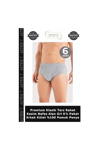 Astrid T Premium Klasik Tarz Rahat Kesim Nefes Alan Gri 6'lı Paket Erkek Külot %100 Pamuk Penye