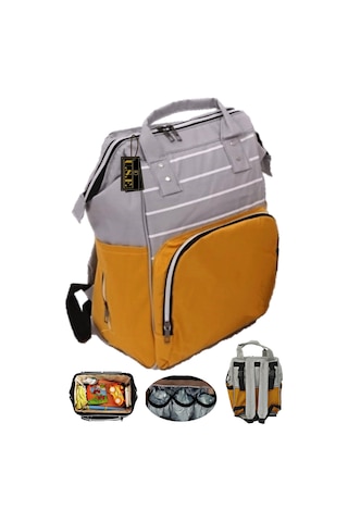 U.S.F Fonksiyonel Bebek Bakım Sırt Çantası + Portbebe Ana Kucağı Puset Çizgili Gri - Turuncu