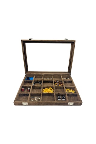 Bölmeli Takı Ve Aksesuar Kutusu Alkantara Kahve Kahverengi