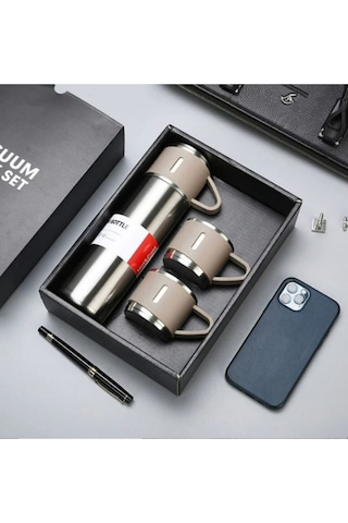 Paslanmaz Çelik Termos Silver Renk 3 Bardaklı Termos Seti Vakumlu