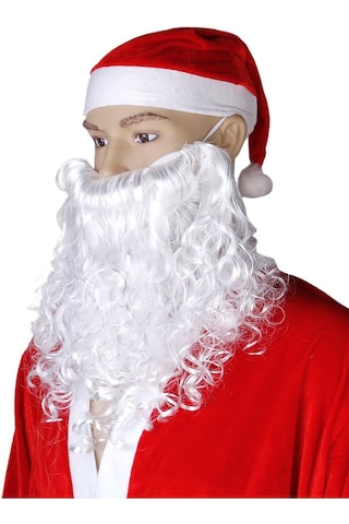 1 Noel Baba Şapka-1 Sakal Set:kırmızı Yılbaşı Şapkası Uzun Beyaz
