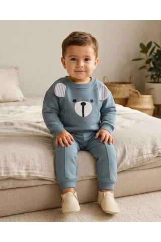 Minaminokids Alt Üst Takım Erkek Bebek Kışlık Mavi Kulaklı Baskılı Ve