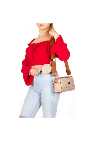 Adelina Bags Kadın Desenli Omuz Çantası Cüzdan Detaylı Çapraz Askılı Bej