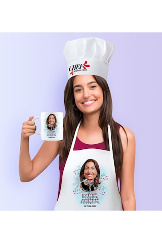 Kişiye Özel Canım Annem Karikatürlü Mutfak Önlüğü Aşçı Şapkası Ve