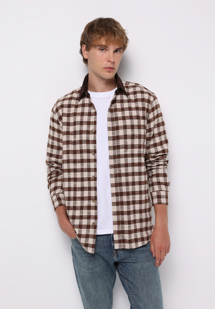 Colin's Colins Comfort Fit Shirt Neck Kareli Erkek Kahverengi Uzun Kol Gömlek Cl1077329 Q1.v2 Brw Kahverengi