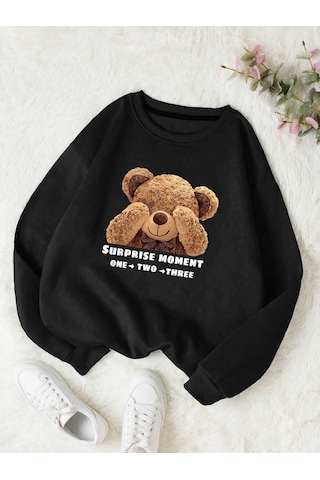 Suprise Moment Bear Sweatshirt - Siyah Baskılı Oversize Kışlık Kalın Bisiklet Yaka Siyah
