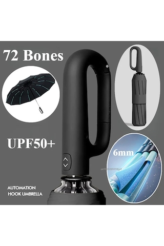 Lichen Güçlü Rüzgar Geçirmez Otomatik Şemsiye 72 Kemikleri Siyah