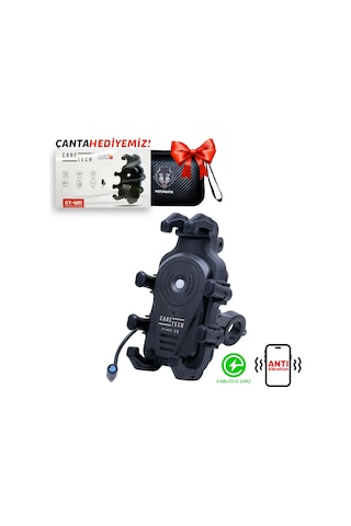 Caretech Ct-m11 Telefon Tutucu Titreşim Önleyicili Motosiklet Gidon Ayna Montajlı Type-c Hızlı Şarj Siyah