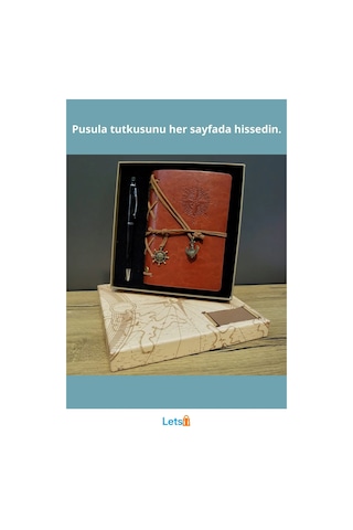 Kahverengi Pusula Tasarım Deri Defter Siyah Kalem Çok Renkli