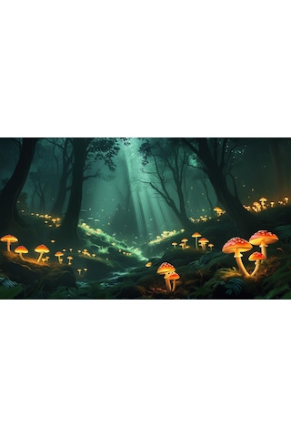 Doğa Ve Manzara Yatay Parlayan Mantarlar Ve Büyülü Işık Huzmeleri Mistik Orman 07 Çerçevesiz 90x60cm Pvc Tablo