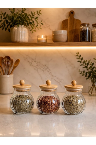 Qerhome Bambu Kapaklı Borosilikat Cam Kavanoz Seti Çizgili Erzak Ve Bakliyat Saklama Kabı 3 Ad 500 Ml Dr 55 Şeffaf