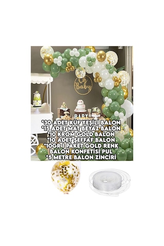 65 Balonlu Balon Zinciri 30 Küf Yeşili ,15 Mat Beyaz, 10 Krom Gol