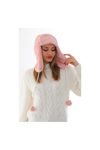 Kadın Pudra Kürklü Kulaklıklı Peluş Şapka Pudra