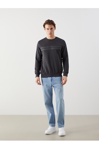 Lcwaıkıkı Classic Antrasit Bisiklet Yaka Baskılı Erkek Kalın Sweatshirt