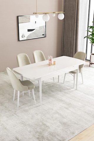 Sar Pakete Almira Serisi, Beyaz 80x132 Açılabilir Mdf Mutfak Masası Takımı 4 Adet Sandalye Krem