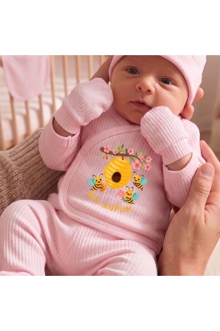 Lexroo %100 Pamuk Yenidoğan Bebek Hastane Çıkış Seti Bal Küpüm Baskılı Pembe 5 'li Bebek Takımı
