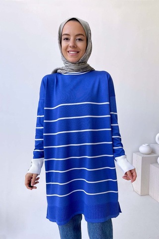 Kahijab Bisiklet Yaka Çizgili Merserize Tunik - İndigo