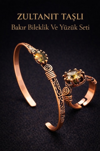 Kadın Bakır Bileklik Ve Yüzük Takım Seti Renk Değiştiren Zultanit Taşlı Set El Yapımı Özel Tasarım Diğer