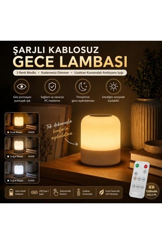 3 Renkli Şarjlı Gece Lambası Kumandalı Kablosuz Masa Lambası Çok Renkli