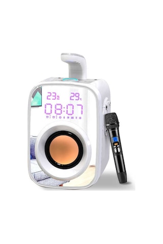 Mikrofonlu Kablosuz Bluetooth Hoparlör Kulplu, Aynalı 11w Güçlü Hi-fi Sesi, Dijital Saat Ve Fm Radyo