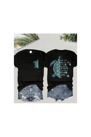 Panda Baskı Tekstil Kaplumbağa Baskılı Özel Tasarım Oversize Tshirt Siyah