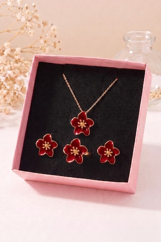 Kırmızı Renk Sakura Çiçeği Kolye Küpe Yüzük Seti Hediye Kutusunda Renkli