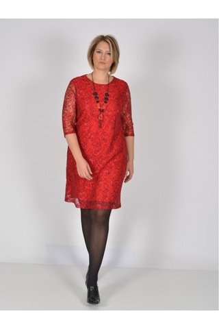 Nidya Moda Büyük Beden Midi Kolelbise-4009Bdk Kırmızı