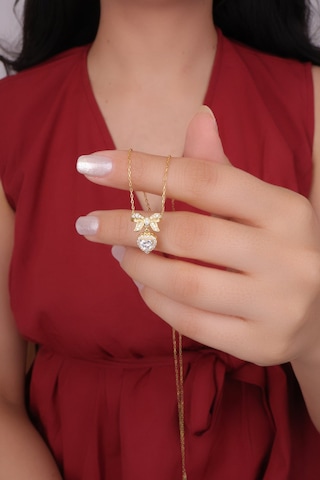 Encili Silver 925 Ayar Gümüş Taşlı Papyon Kalp Model Gold Renk Kadın Kolye Gold