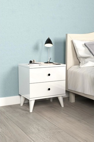 Komidin 2 Çekmeceli Beyaz Siyah Düğme Kulplu Konik Ayaklı Kurulu