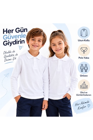 Ta&ce Kıds Tace Kıds Unisex Çocuk Polo Yaka Tişört Beyaz Uzun Kollu Okul Ve Günlük Kullanım