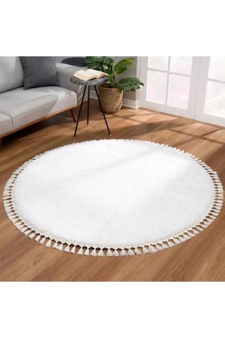 Yuvarlak Comfort Puffy Ponpon Saçaklı Peluş Halı Beyaz