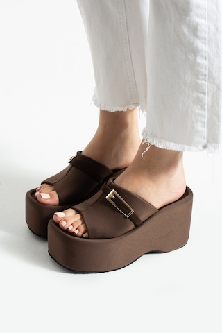 Dabab Shoes Lunara Kadın Acı Kahve 10 Cm Platform Topuk Tokalı Kalın Taban Terlik Sandalet Acı Kahverengi