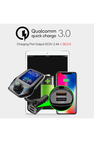 Samdoo Araç İçi Mp3 Çalar Bluetooth Fm Verici Hızlı Şarj Gerilim Kontrolü T43 Model