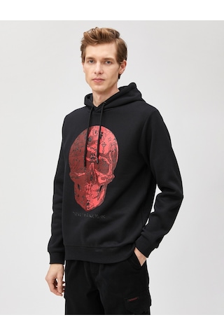 Koton Kapşonlu Sweatshirt Kuru Kafa Baskılı Uzun Kollu Siyah 3sam70133mk Siyah