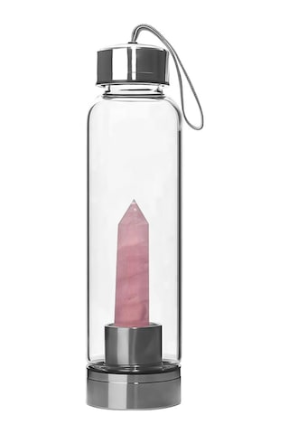 Hallow Kristal Cam Su Şişesi Çıkarılabilir Taşlı Merkezli Pembe 550 ML