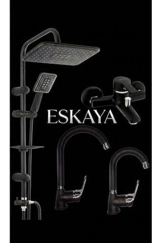 Eskaya Siyah Krom 4lü Full Set Robot Duş Banyo Bataryası Banyo Lavabo Ve Mutfak Eviye Musluğu Diğer