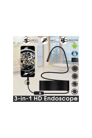 3'ü 1 Arada Endeskop Kamera Mikrofon Usb Ve Tip-c 6 Led Su Geçirmez 5 Metre Borescope Yılan Kamera