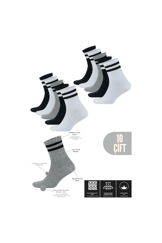 Kral Socks Kadın Erkek Düz Çizgili 10 Çift Çeyrek Soket Tenis Model Pamuklu Terletmez Çorap Seti Asorti