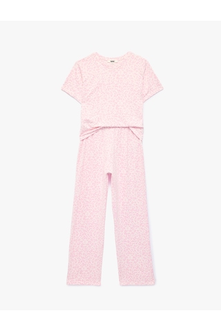 Koton Rahat Kesim Leopar Desenli Bisiklet Yaka Kısa Kollu Pijama Takımı Pembe Desenli 7wlk40289mk