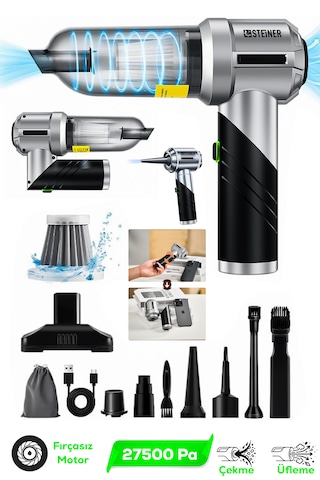 Steiner 27500pa Güçlü Katlanabilir Portatif Taşınabilir Vakumlu Kablosuz Mini Araç Süpürgesi Üfleme Özellikli + Bez Çanta Diğer