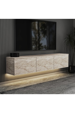 Neon Led Işıklı Duvara Monte,3 Kapaklı Tv Ünitesi,tv Sehpası Sandık Ceviz - Bej Bej