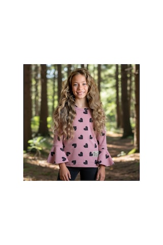 Fesshera Kids Kız Çocuk Sweatshirt Uzun Kollu Fitilli Kalp Desenli İspanyol Kol Kesimli Pamuklu Kışlık Sweatshirt Pembe