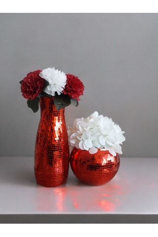 Işıltı Home Desing Aynalı Cam Vazo 2 Li Set Kırmızı Kırmızı