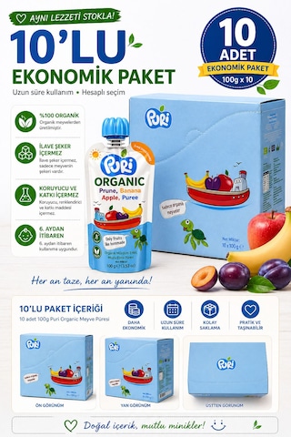Organic Mürdüm Erikli Muzlu Elma Püresi 100 G x 10 %100 Organik İlave Şekersiz 10'lu Paket