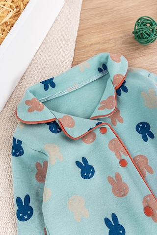 Önden Çıt Çıtlı Tavşan Desenli Yeşil Pamuklu Erkek Bebek/çocuk Pijama Takımı 001
